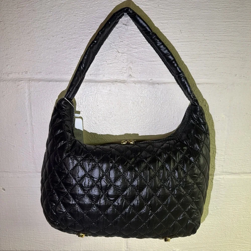 HeartLove by Charo Black Quilted Puffer‎ Hobo Bag Recycled Vegan Leather NWT